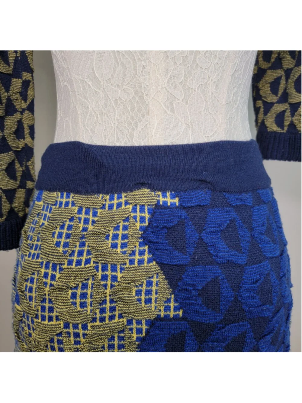 Kerisma Knit Crew Neck Sweater Pencil Midi Skirt Matching Set Blue Geometric S